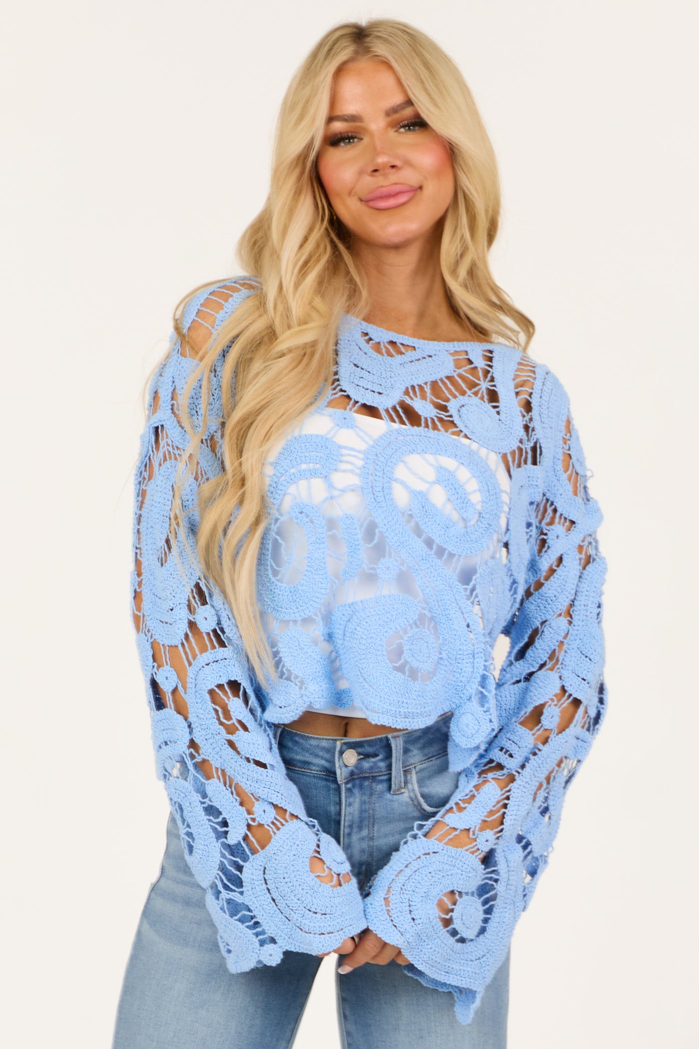 Baby Blue Crochet Lace Long Flare Sleeve Top