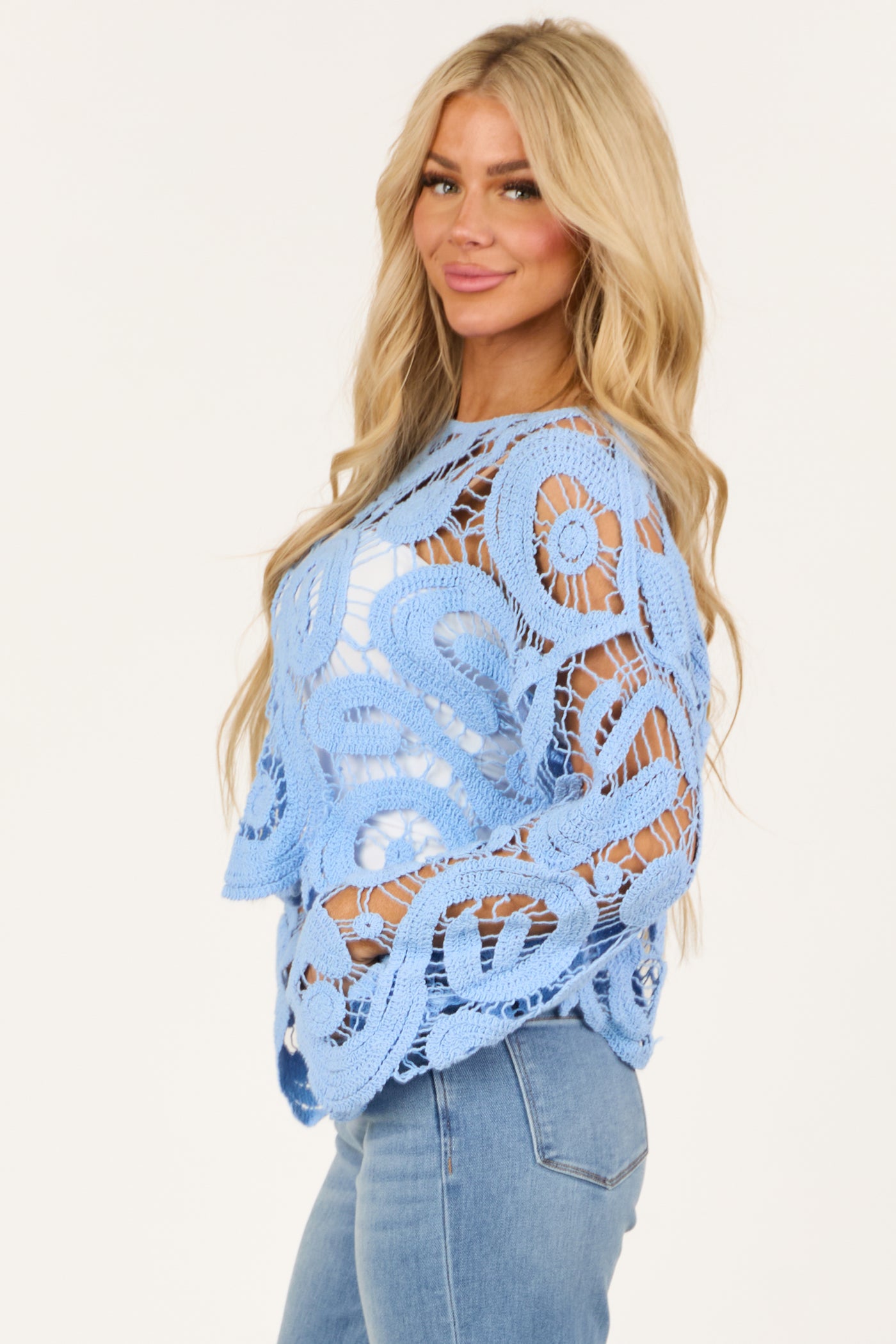 Baby Blue Crochet Lace Long Flare Sleeve Top