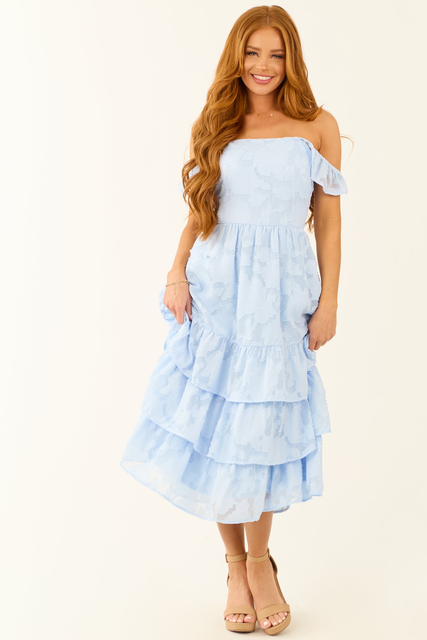 Baby Blue Floral Burnout Ruffle Midi Dress