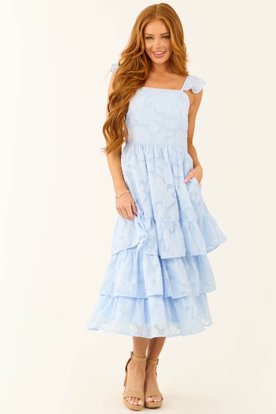 Baby Blue Floral Burnout Ruffle Midi Dress