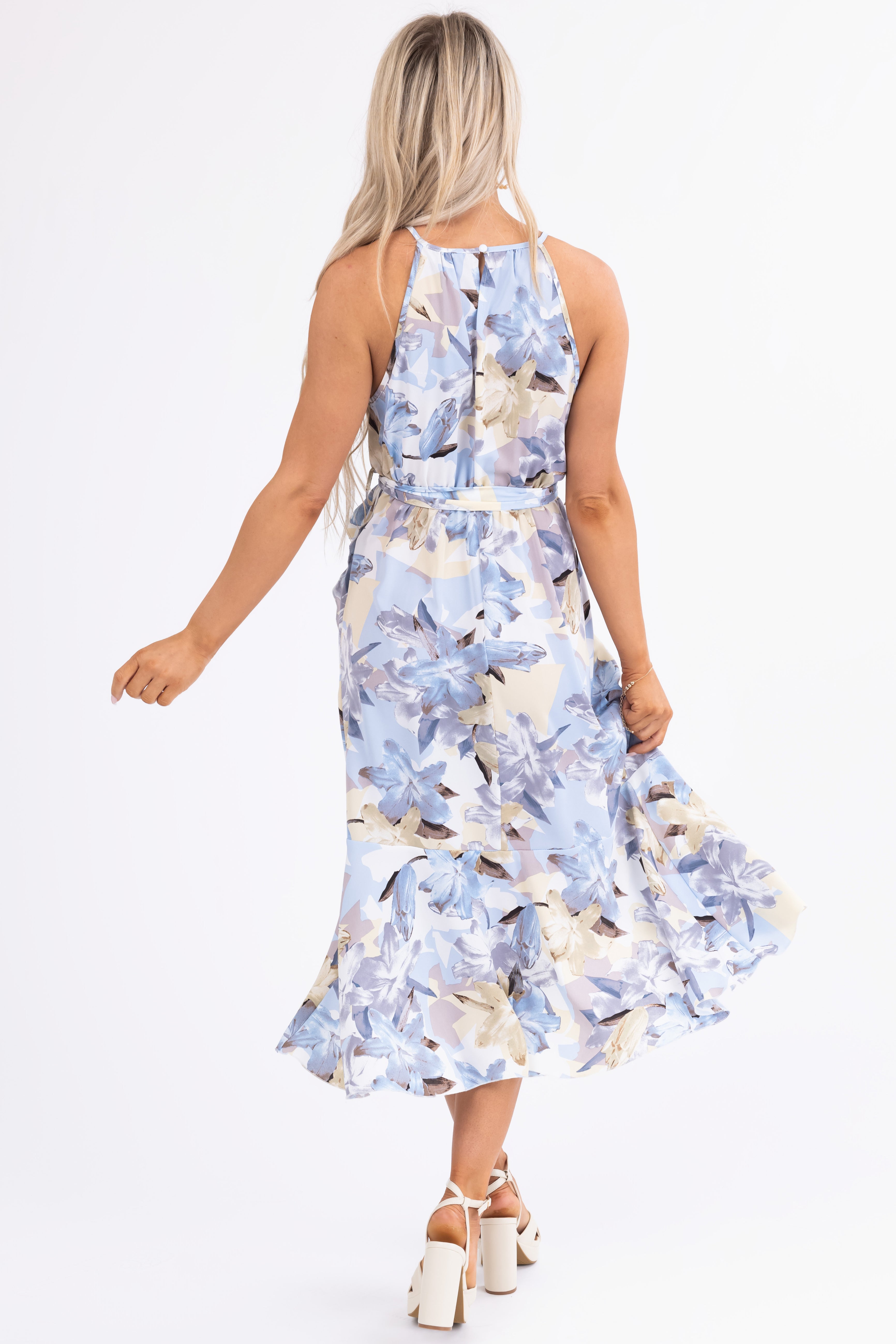 Baby Blue Floral Print Halter Midi Dress