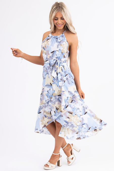 Baby Blue Floral Print Halter Midi Dress