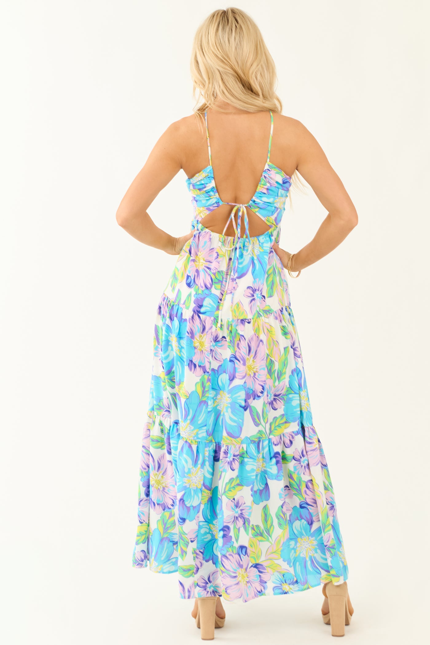 Baby Blue Floral Print Halter Neck Maxi Dress