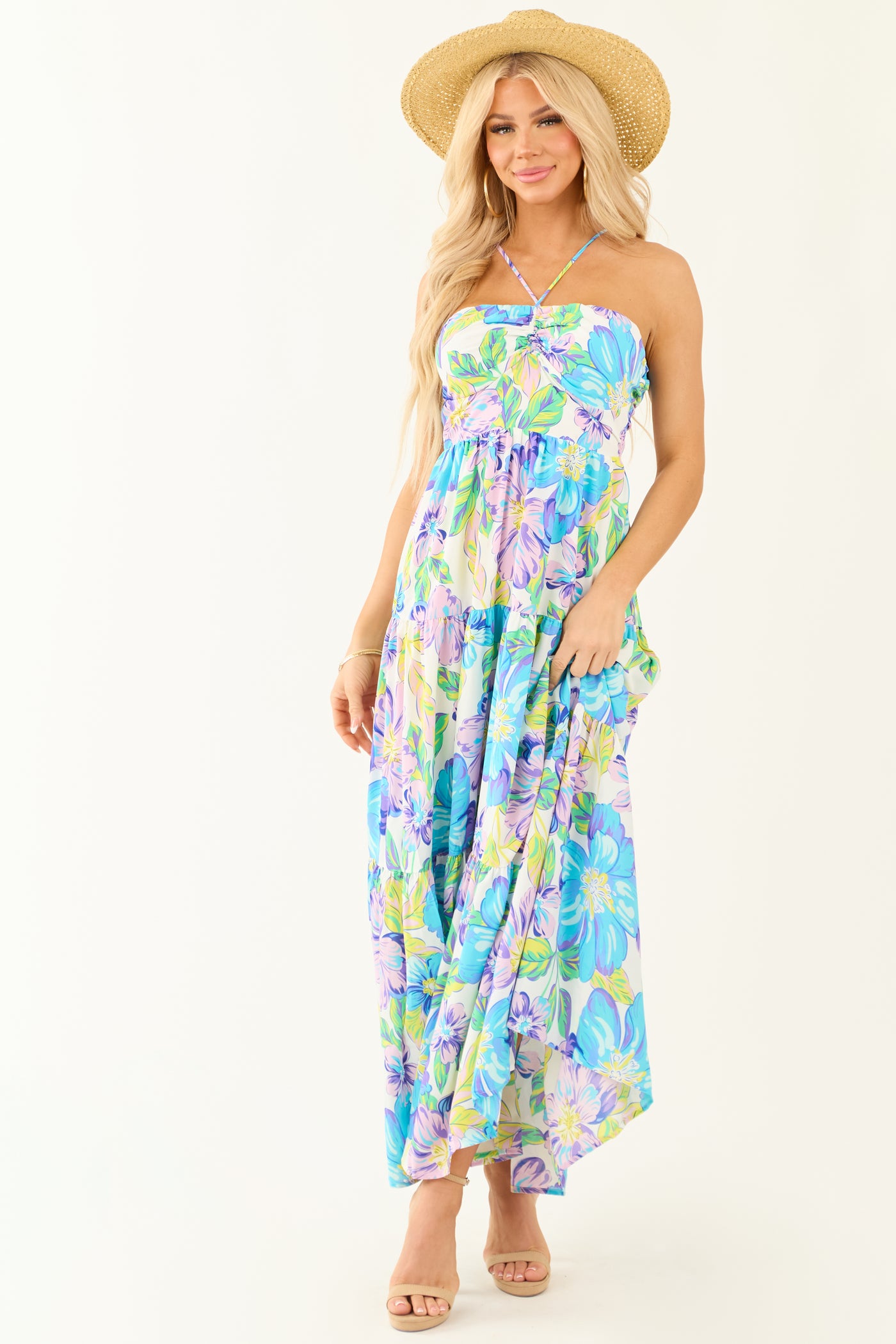 Baby Blue Floral Print Halter Neck Maxi Dress