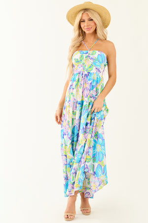 Baby Blue Floral Print Halter Neck Maxi Dress