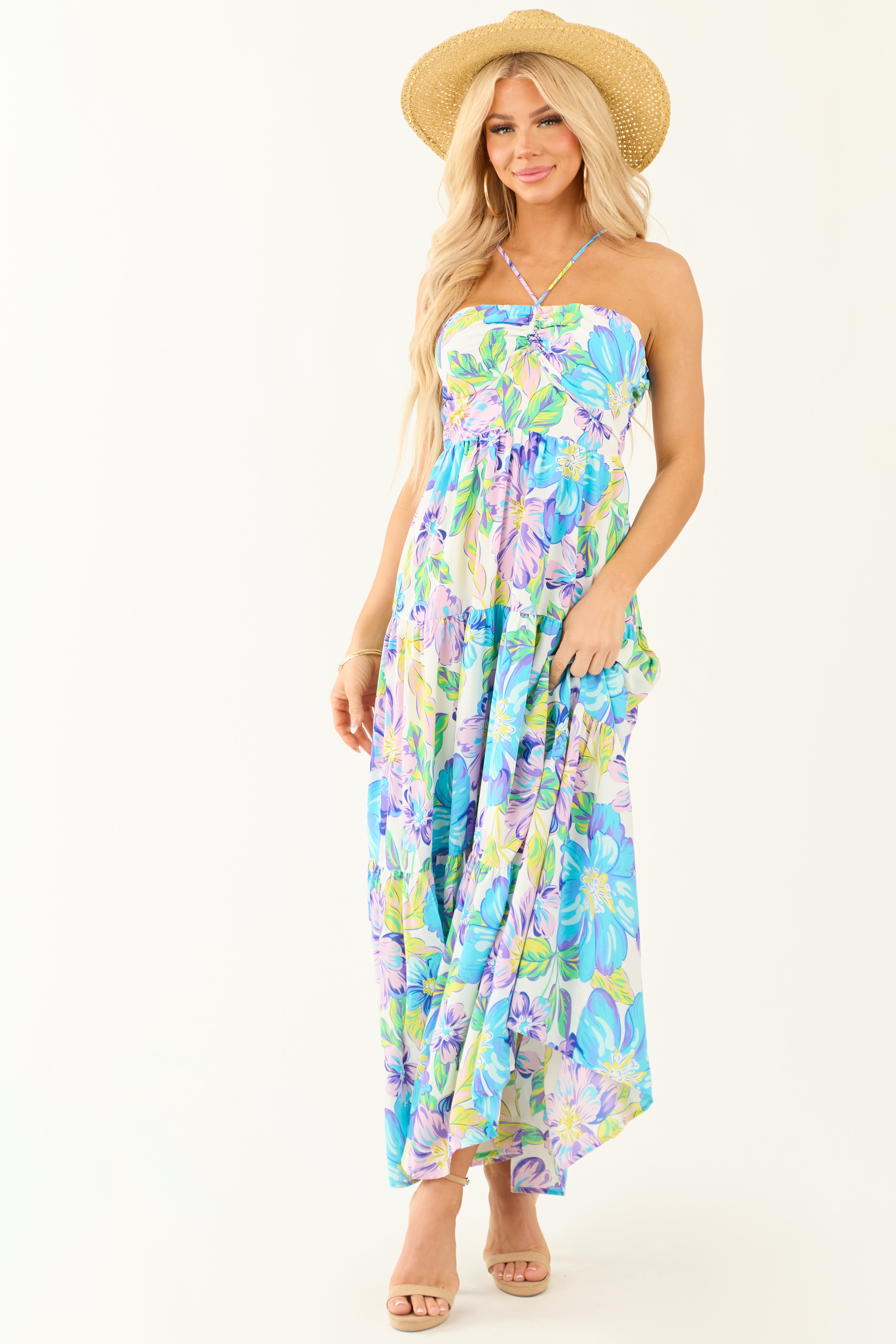 Baby Blue Floral Print Halter Neck Maxi Dress