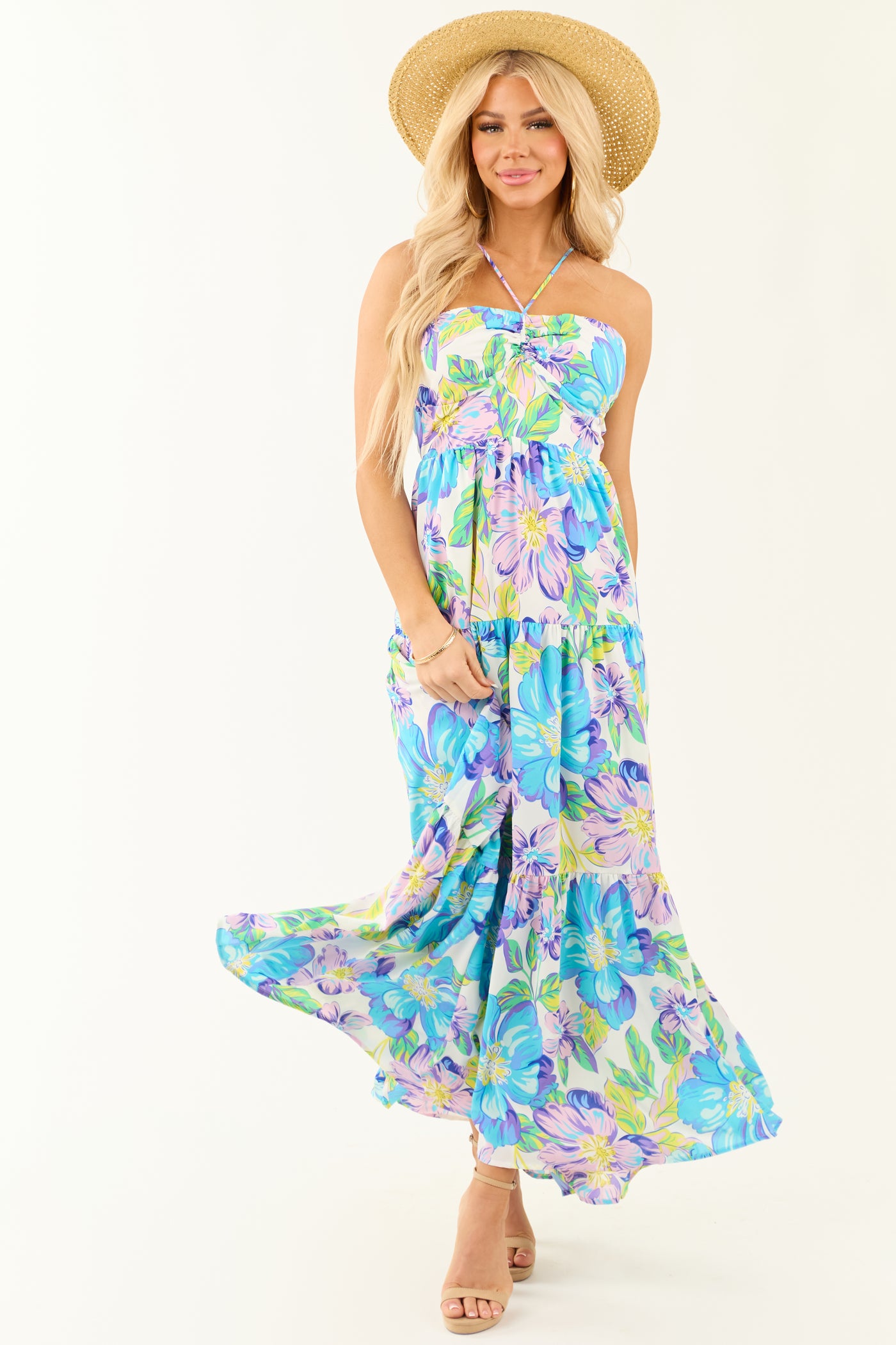 Baby Blue Floral Print Halter Neck Maxi Dress