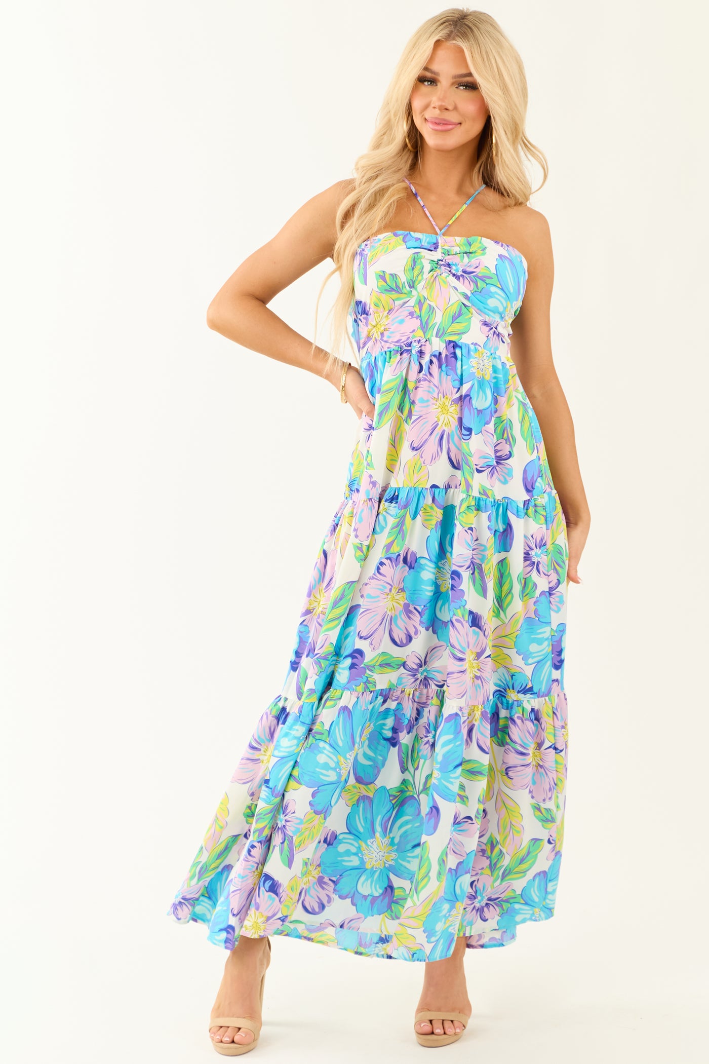 Baby Blue Floral Print Halter Neck Maxi Dress