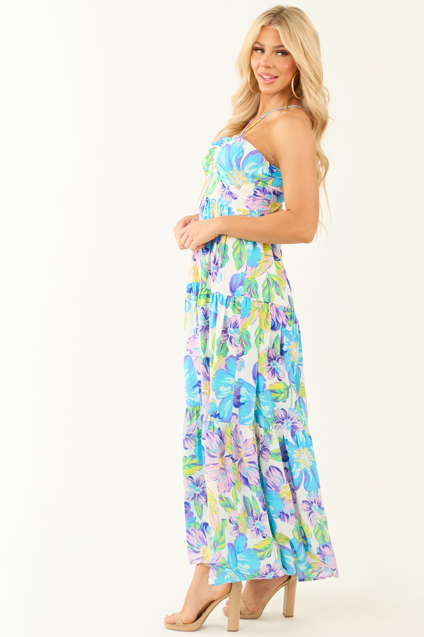 Baby Blue Floral Print Halter Neck Maxi Dress