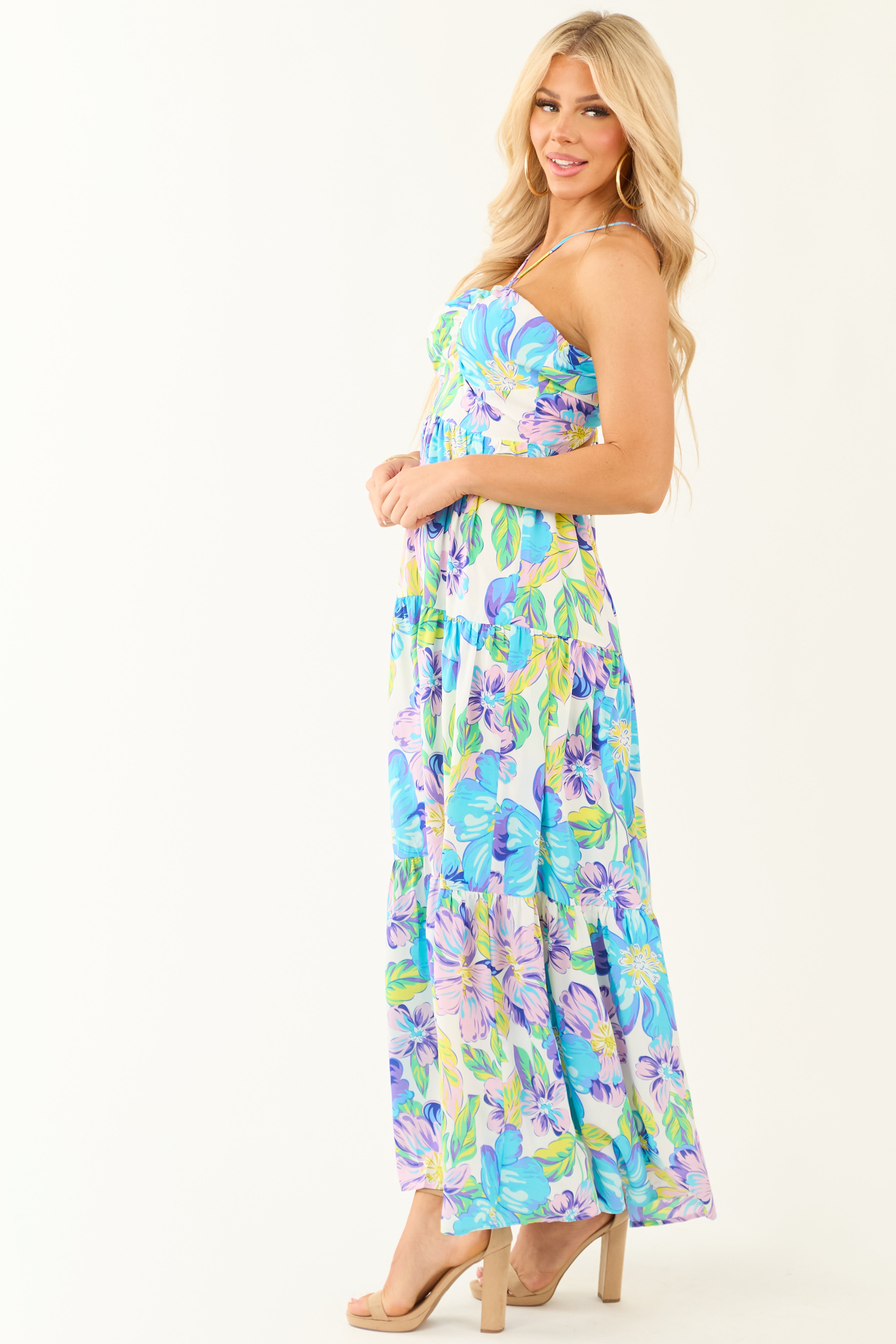 Baby Blue Floral Print Halter Neck Maxi Dress