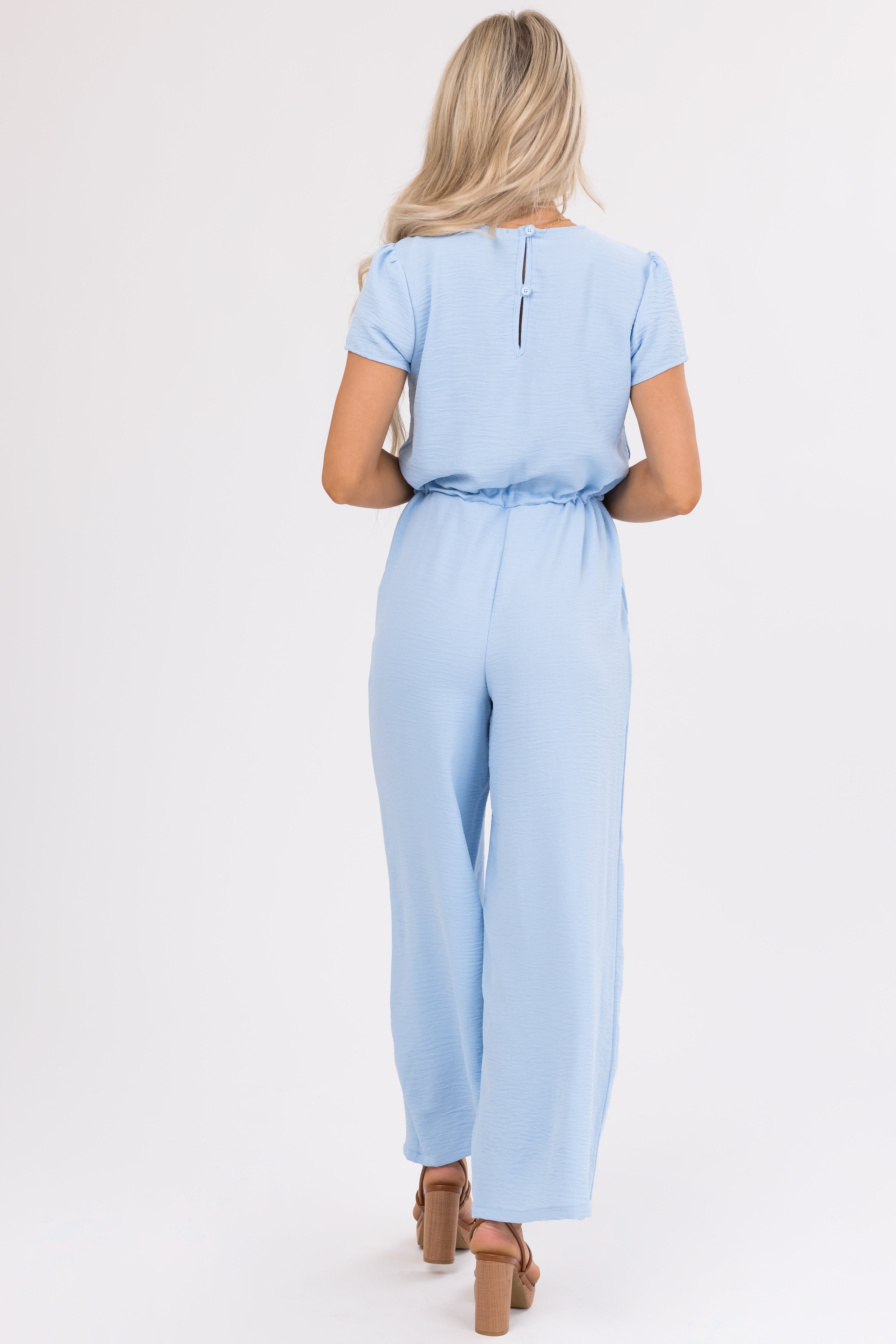 Baby Blue Surplice Wide Leg Crinkle Jumpsuit