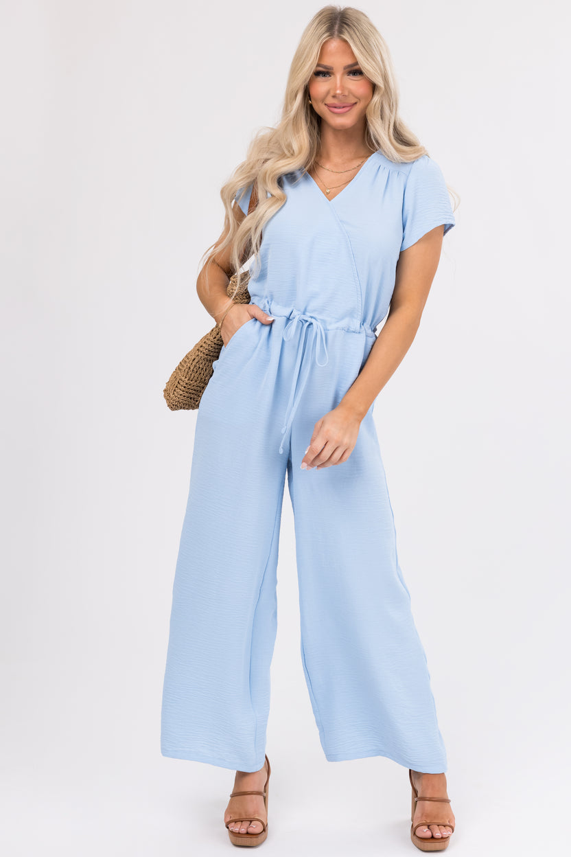 Baby Blue Surplice Wide Leg Crinkle Jumpsuit