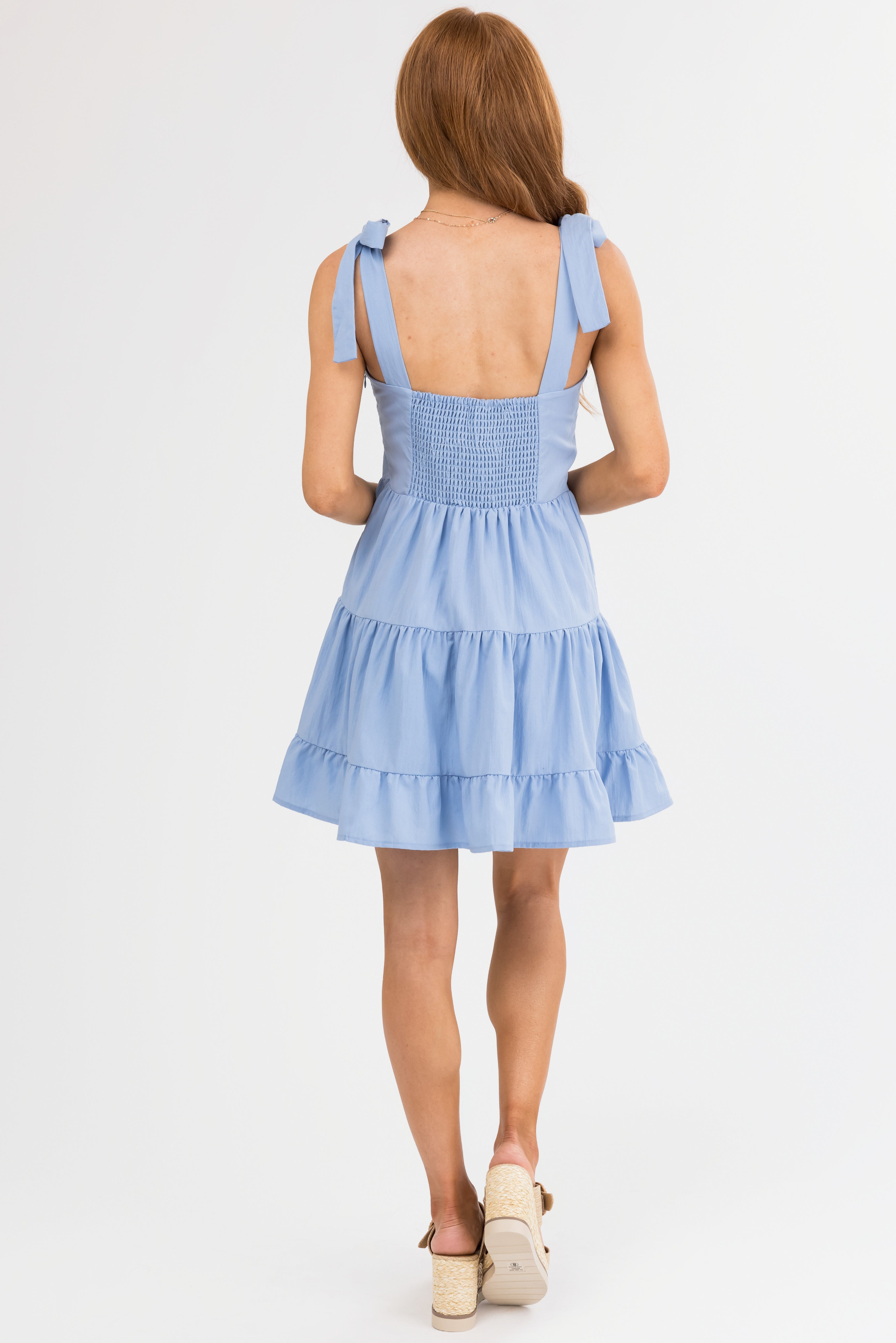 Baby Blue Tie Strap Short Tiered Dress