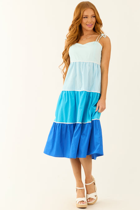 Baby Blue Tiered Colorblock Sleeveless Midi Dress