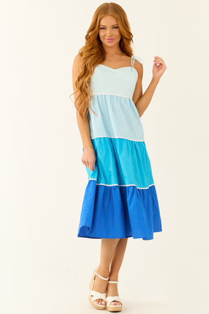 Baby Blue Tiered Colorblock Sleeveless Midi Dress