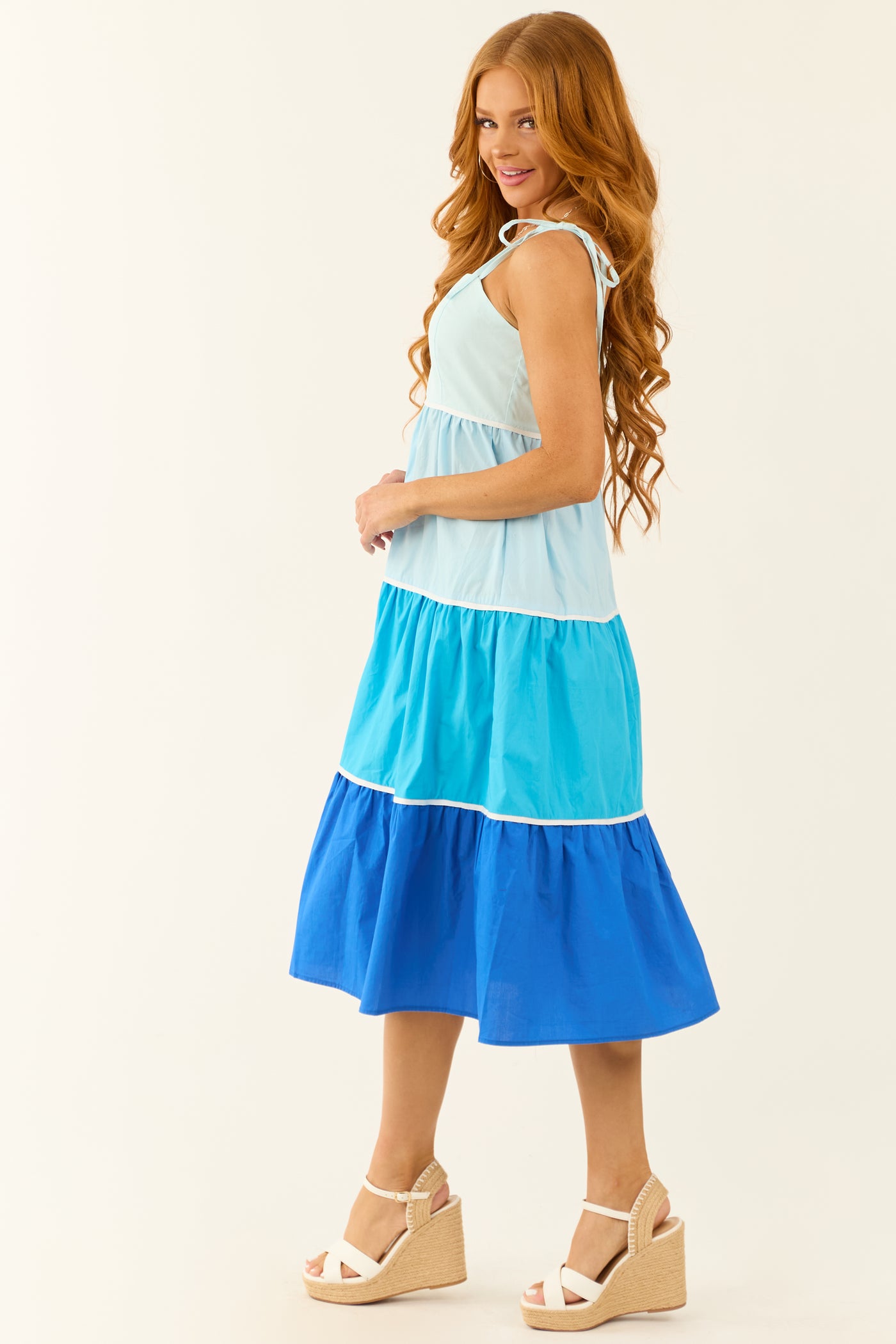 Baby Blue Tiered Colorblock Sleeveless Midi Dress