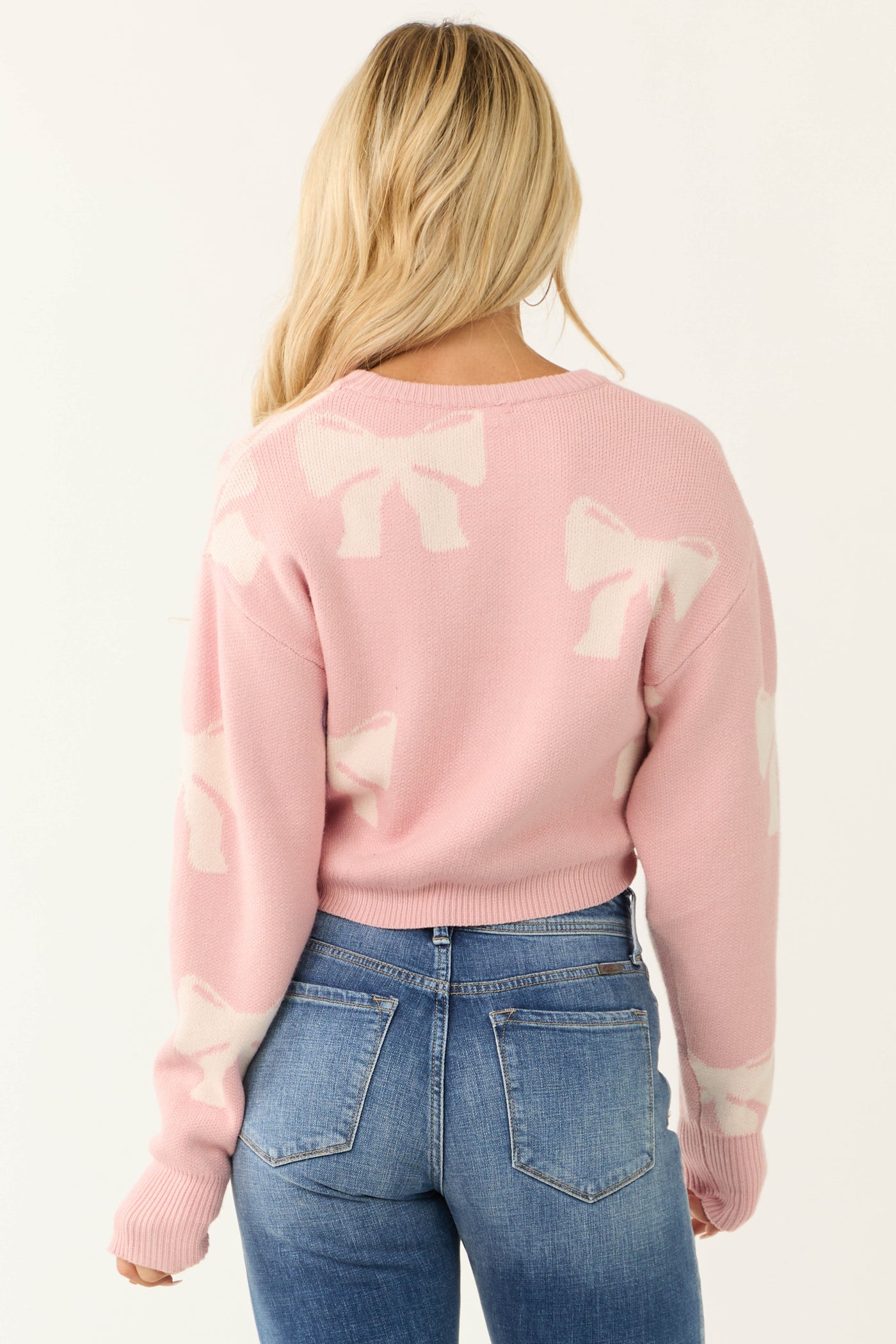 Baby Pink Bow Print Cropped Sweater