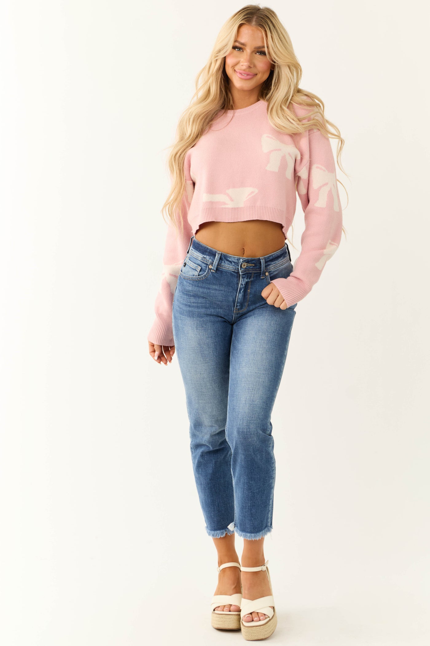 Baby Pink Bow Print Cropped Sweater