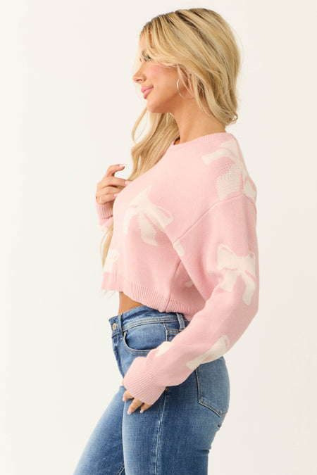 Baby Pink Bow Print Cropped Sweater