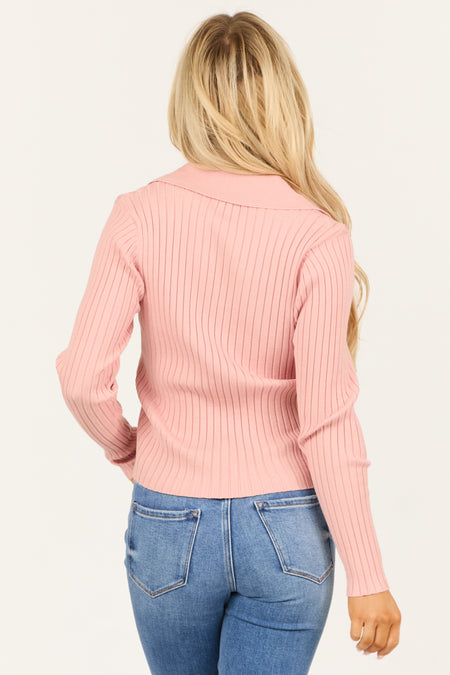 Baby Pink Collared Ribbed Knit Long Sleeve Sweater