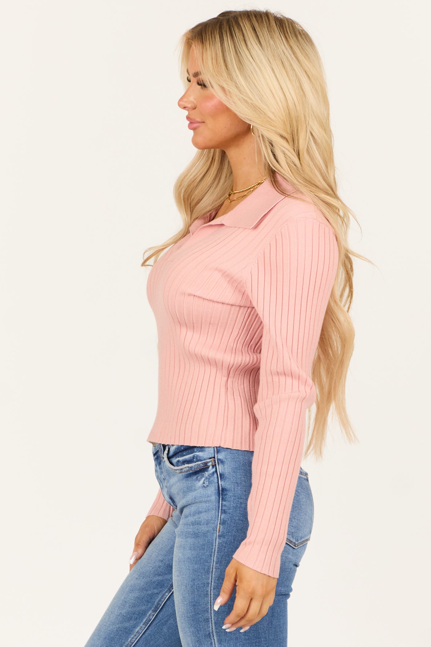 Baby Pink Collared Ribbed Knit Long Sleeve Sweater