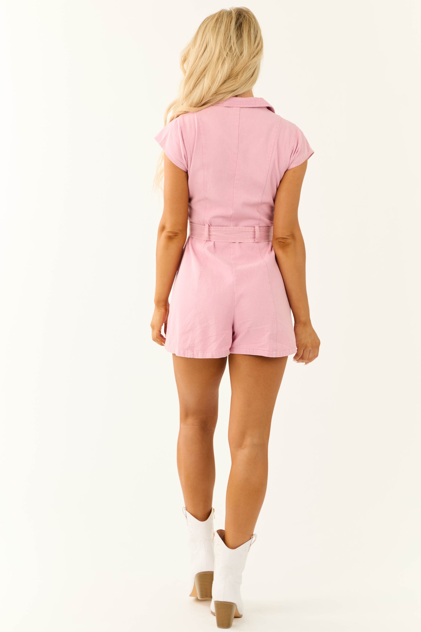 Baby Pink Collared Zip Up Denim Romper