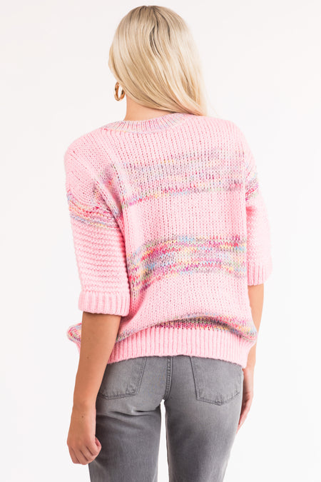 Baby Pink Colorful Stripe Half Sleeve Sweater