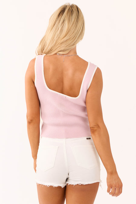 Baby Pink Contrast Trim Square Neck Tank Top