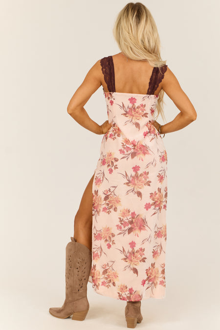 Baby Pink Floral Lace Bust Velvet Maxi Dress