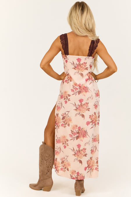 Baby Pink Floral Lace Bust Velvet Maxi Dress