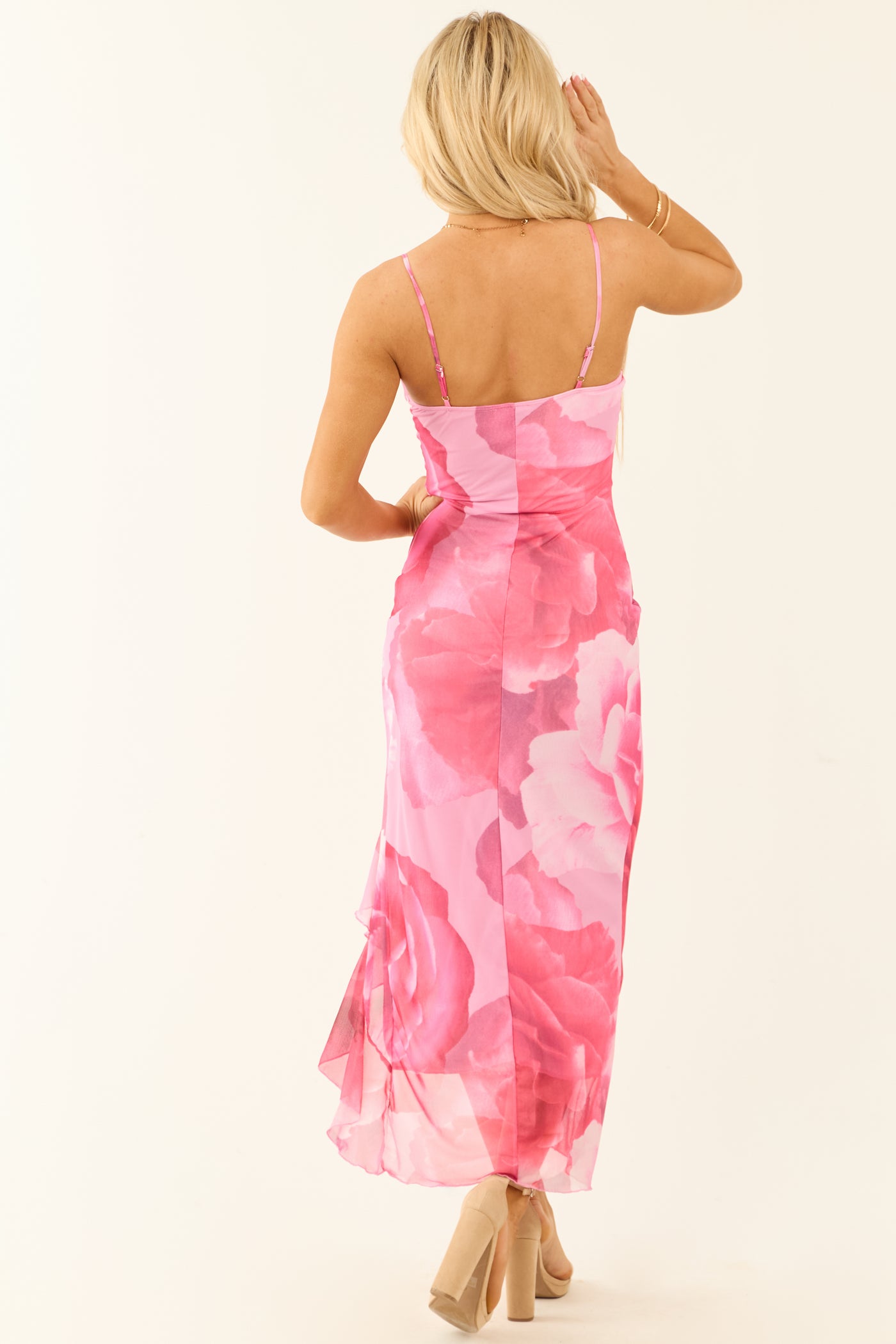 Baby Pink Floral Print Ruffle Slit Midi Dress