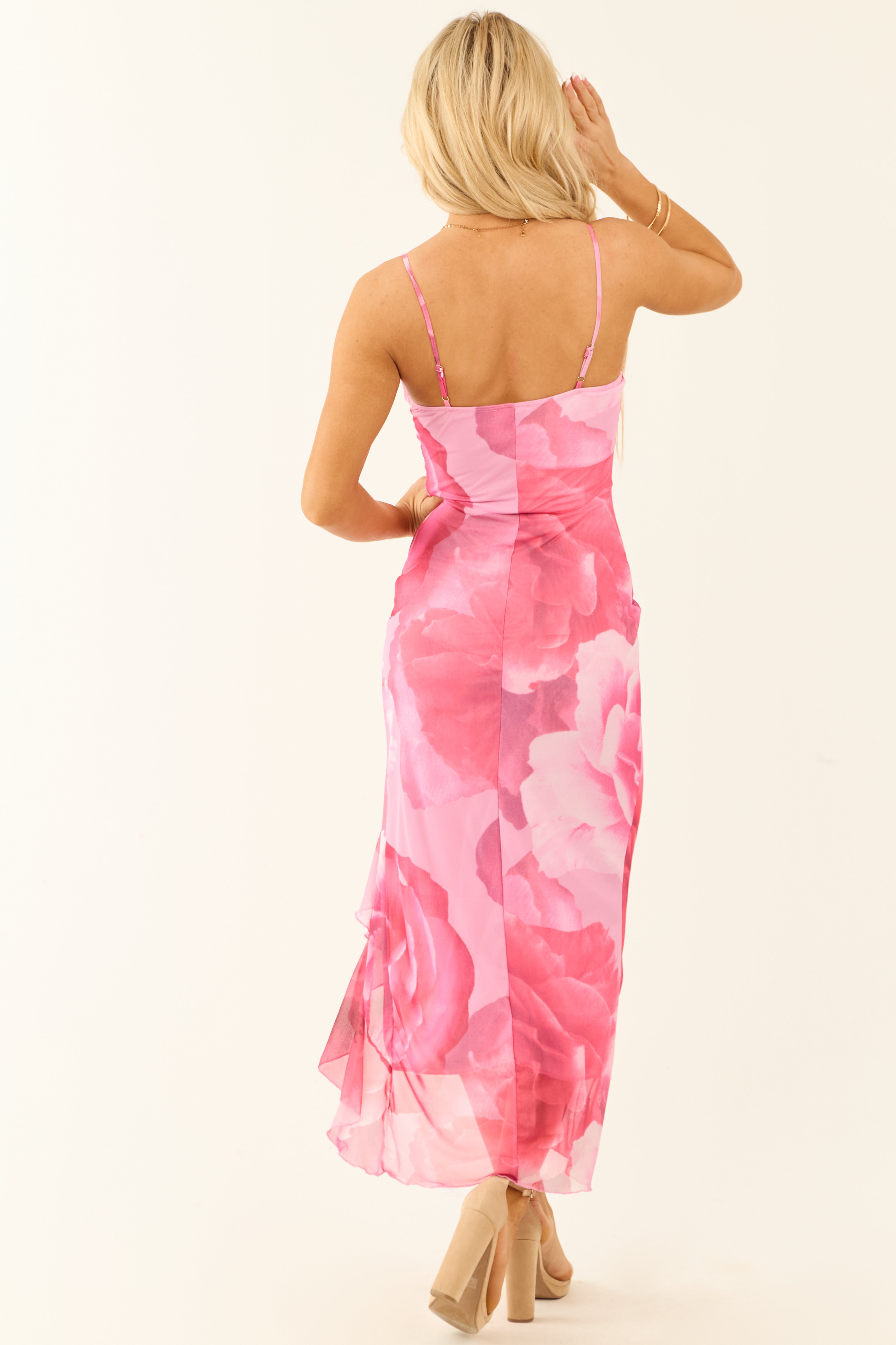 Baby Pink Floral Print Ruffle Slit Midi Dress