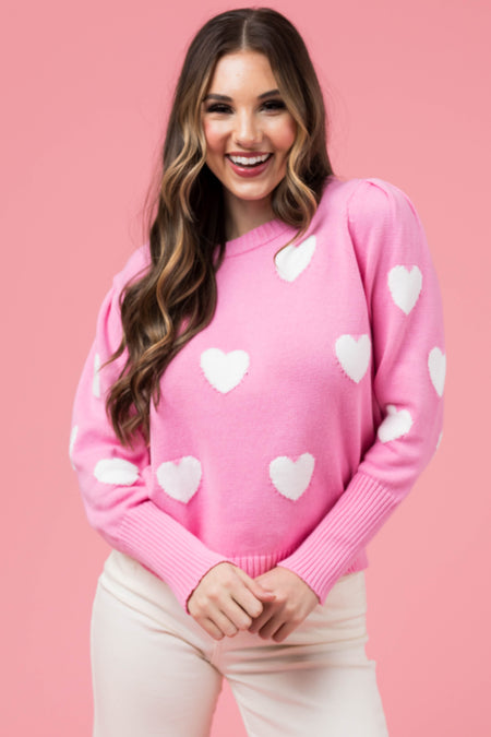 Baby Pink Heart Pattern Long Sleeve Sweater