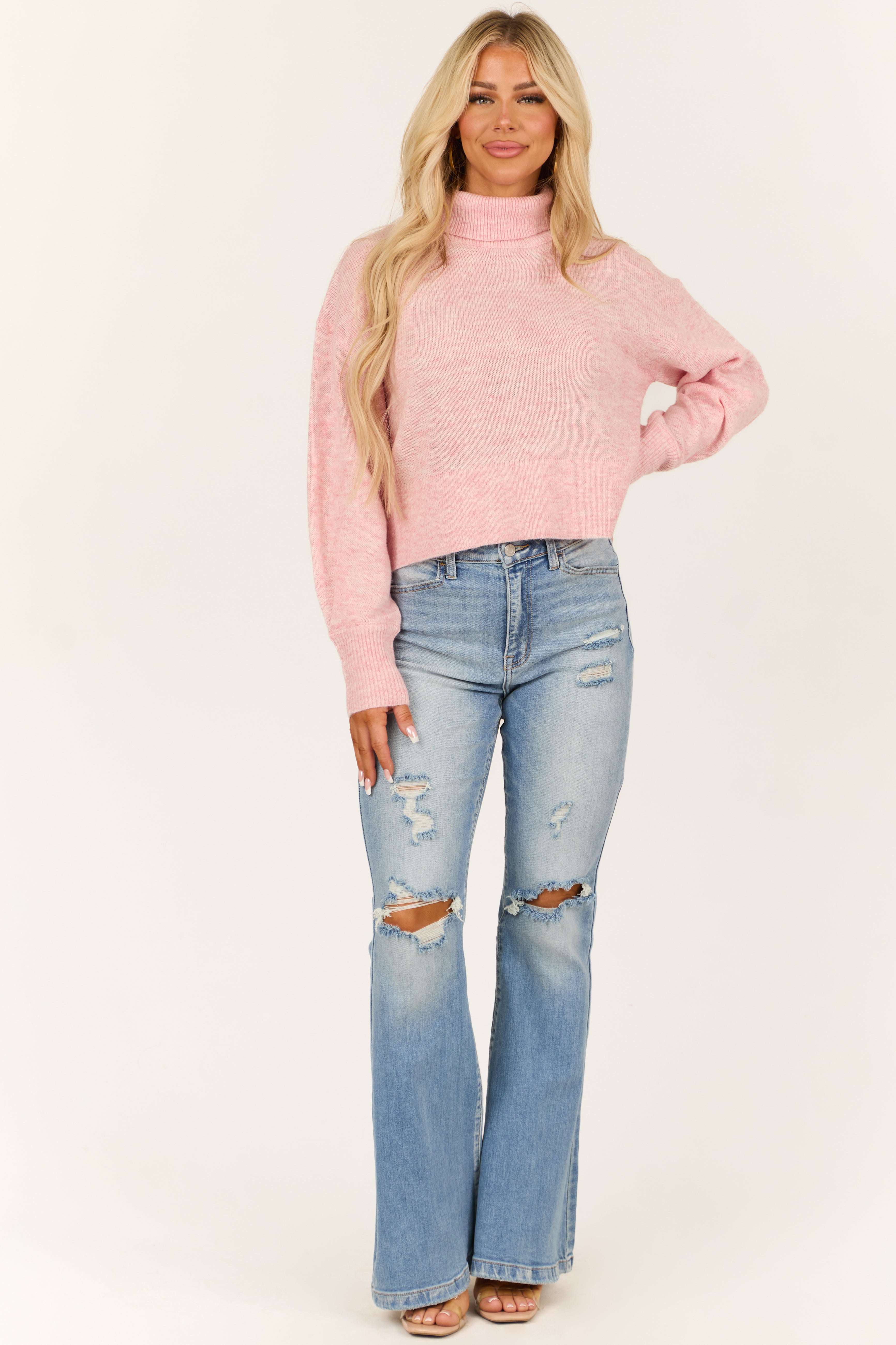 Baby Pink Heathered Turtleneck Sweater