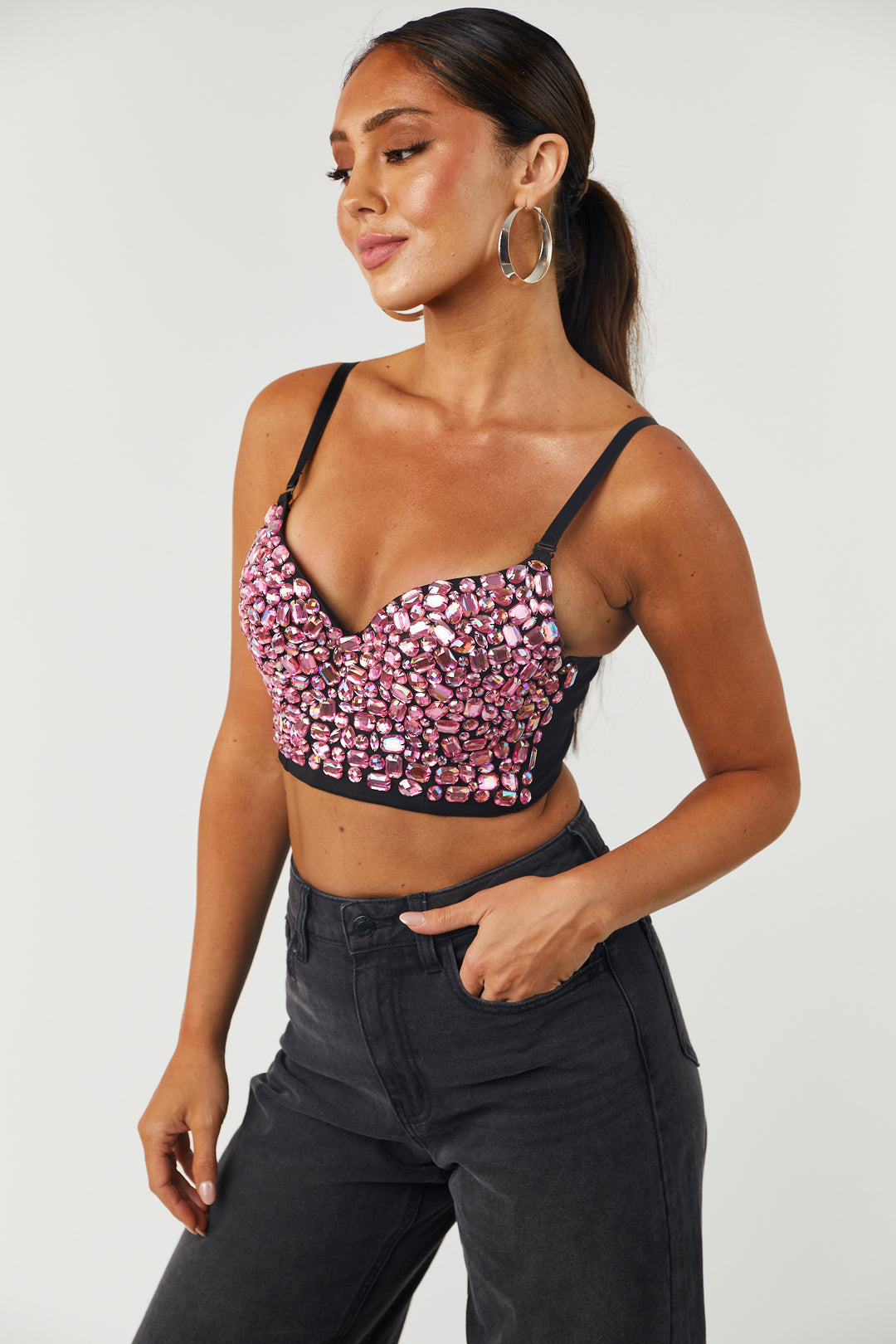 Hot Pink Rhinestones Sequin Detail Crop Top L / Hot Pink