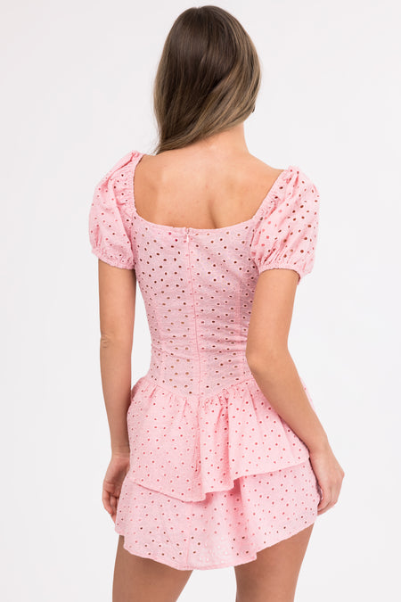 Baby Pink Lace Cut Out Ruffle Layered Romper