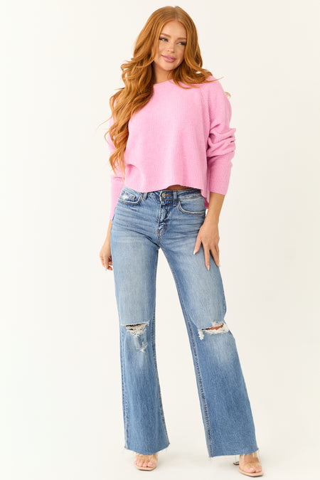 Baby Pink Long Raglan Sleeve Knit Sweater