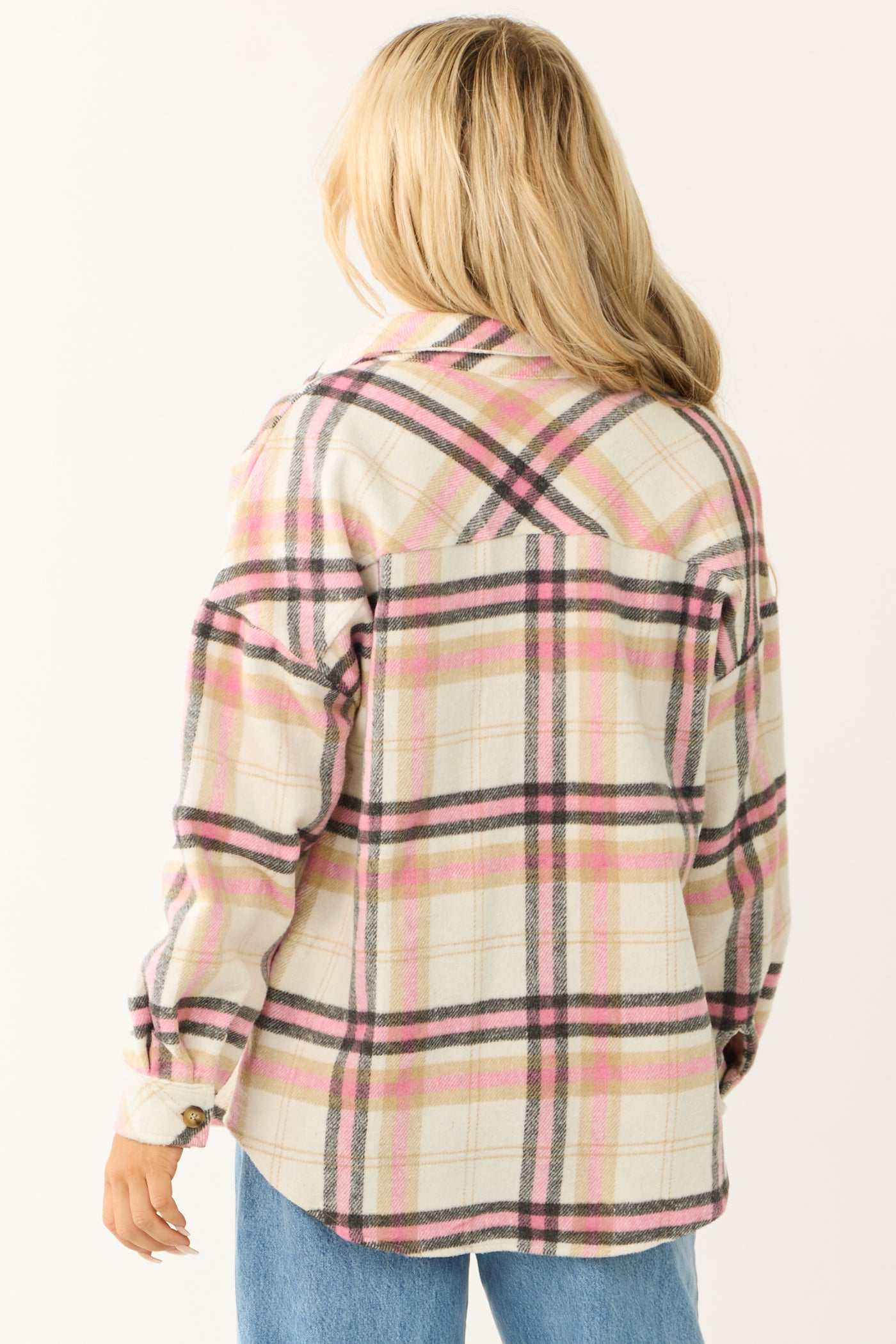 Baby Pink Plaid Button Up Collared Shacket