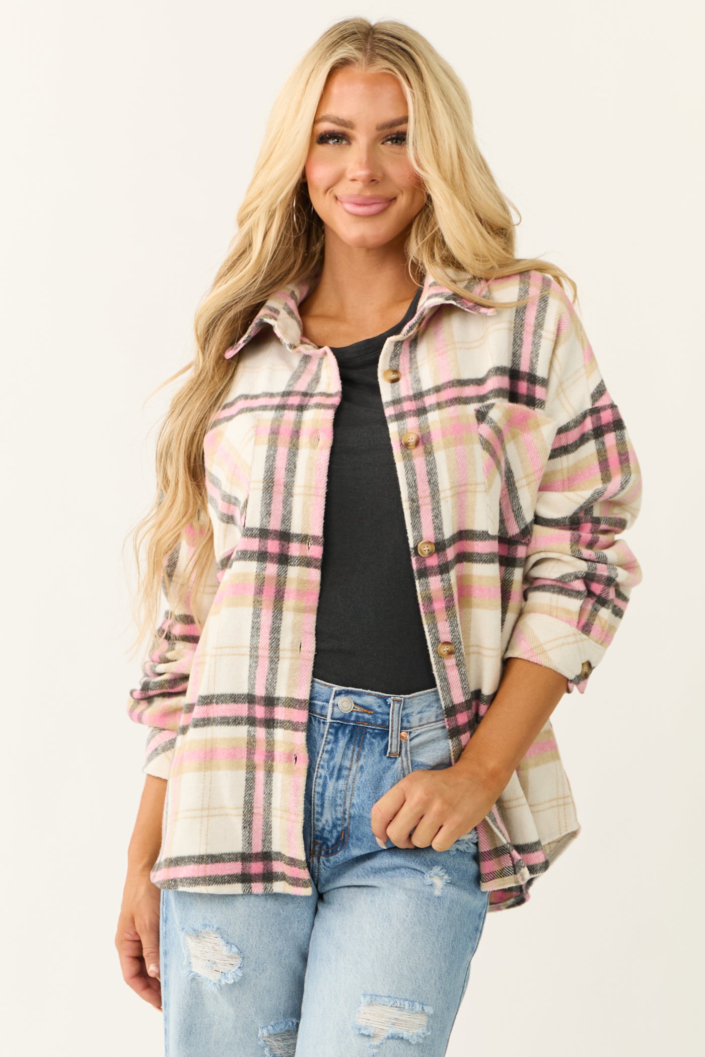 Baby Pink Plaid Button Up Collared Shacket