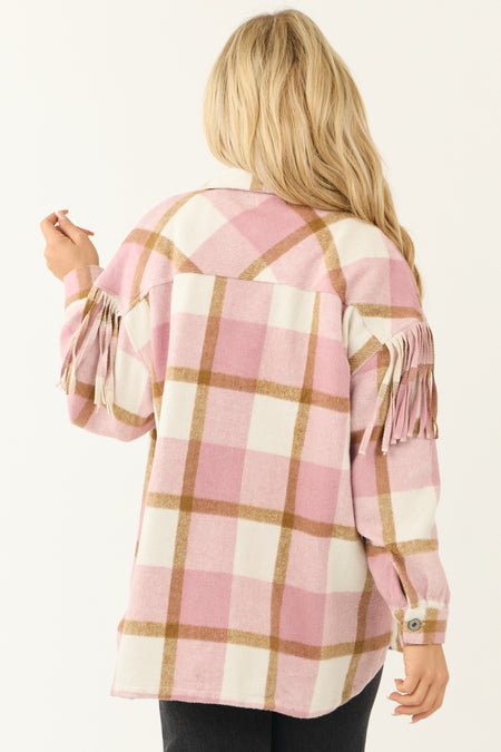 Baby Pink Plaid Fringe Button Down Shacket