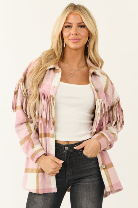 Baby Pink Plaid Fringe Button Down Shacket