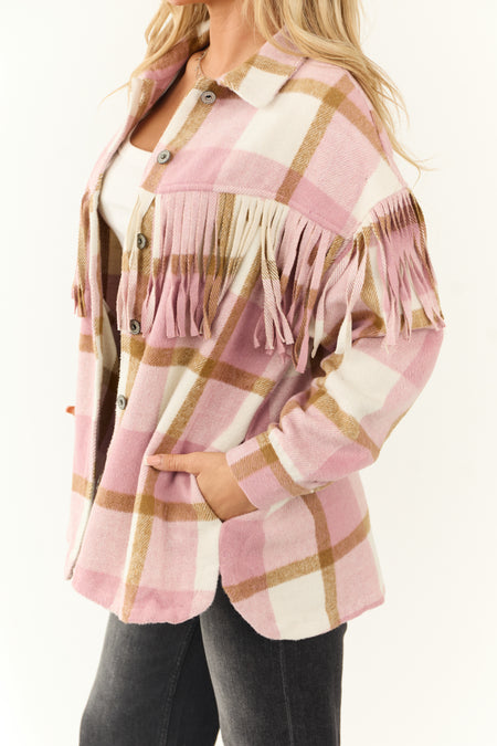 Baby Pink Plaid Fringe Button Down Shacket