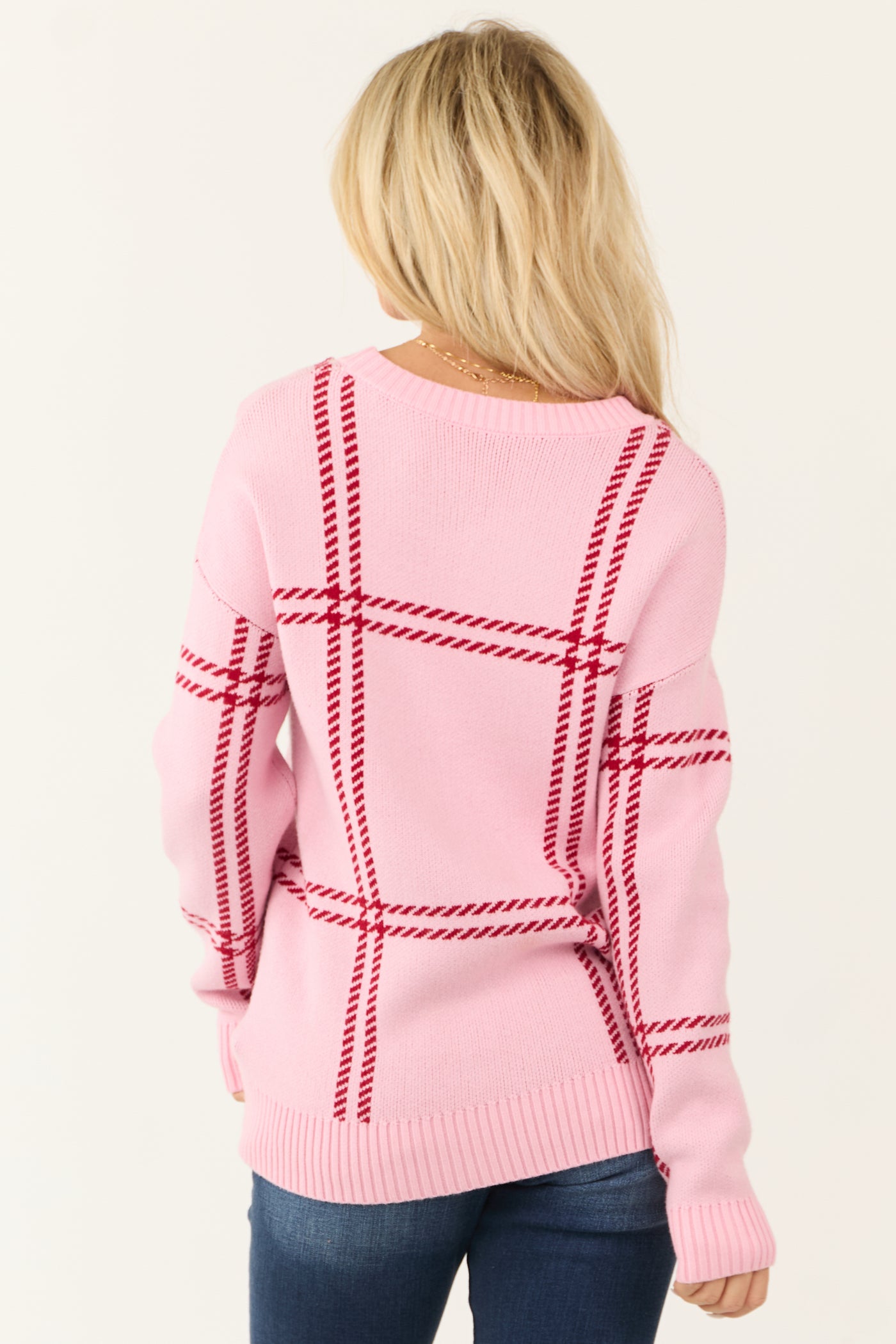 Baby Pink Plaid Print Long Sleeve Sweater