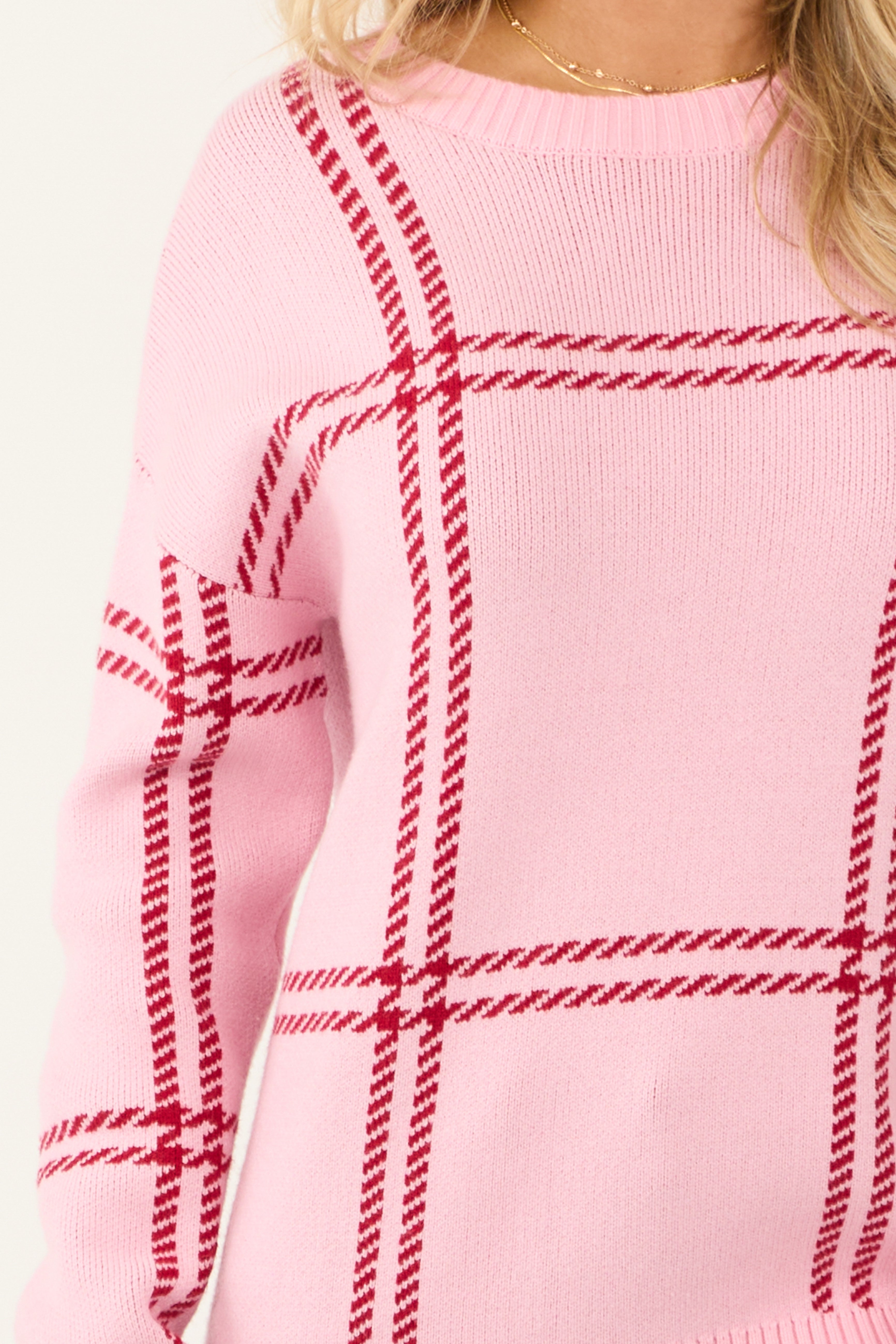 Baby Pink Plaid Print Long Sleeve Sweater