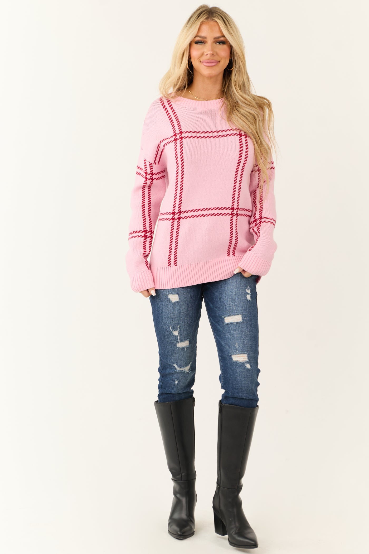 Baby Pink Plaid Print Long Sleeve Sweater