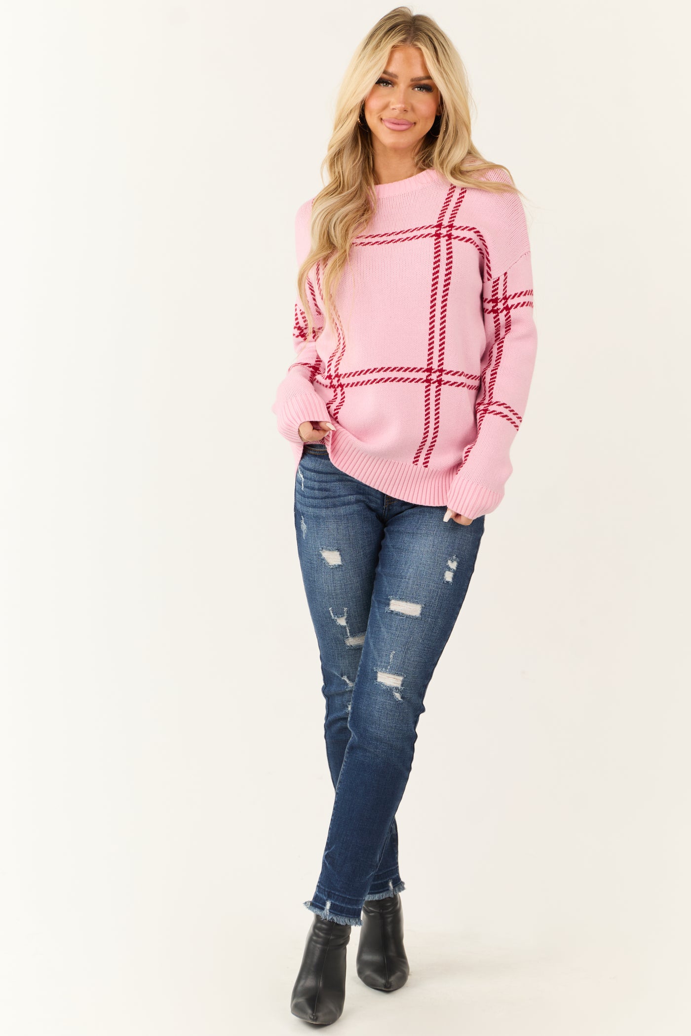 Baby Pink Plaid Print Long Sleeve Sweater