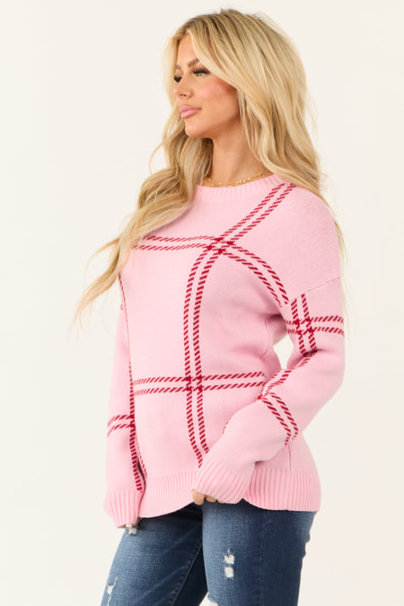 Baby Pink Plaid Print Long Sleeve Sweater