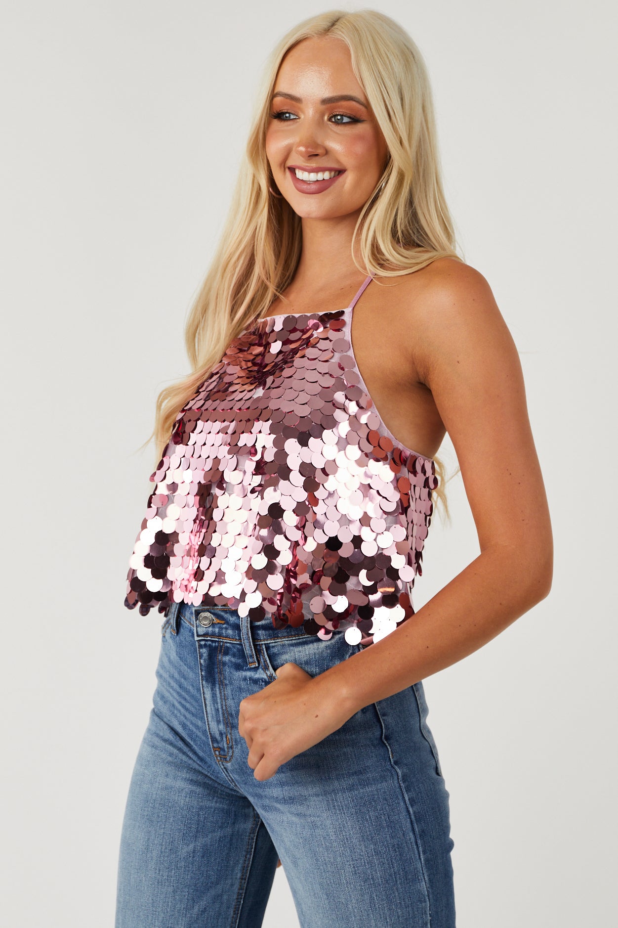 Baby Pink Sequin Criss Cross Back Cami Top