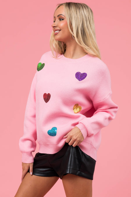 Baby Pink Sequined Hearts Long Sleeve Sweater