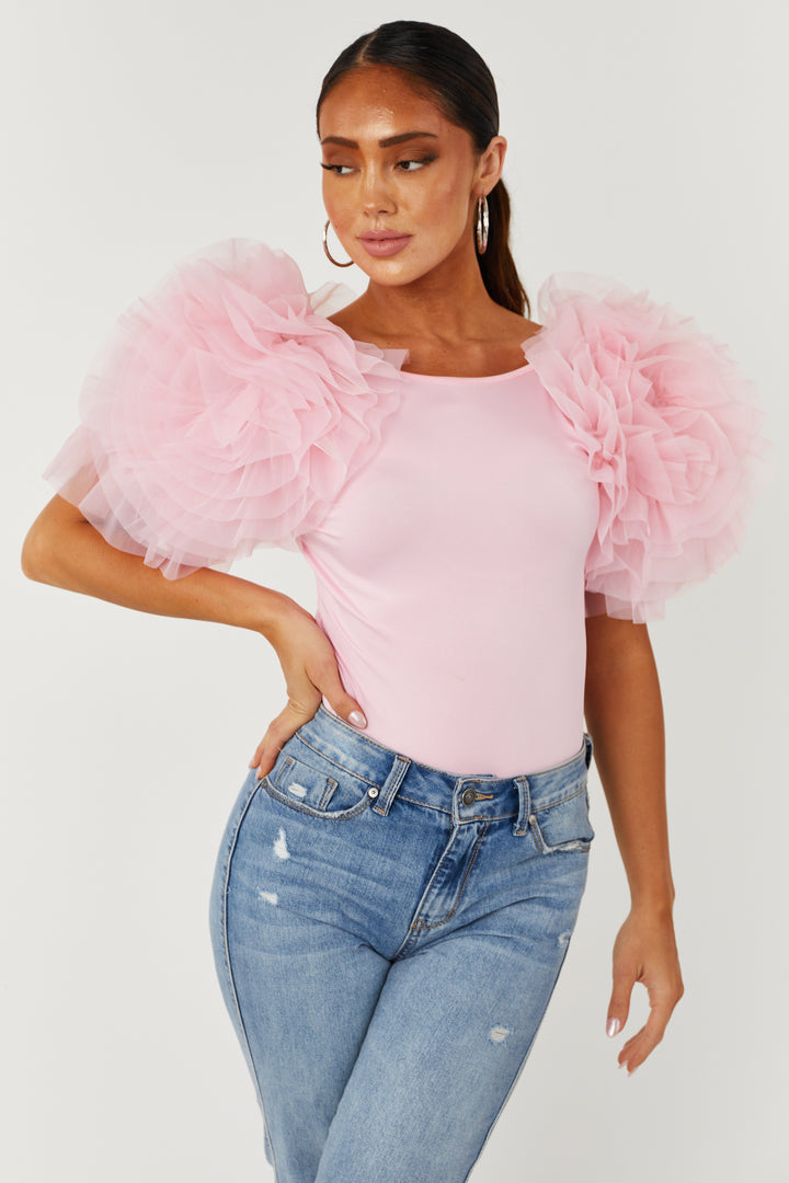 Plus Baby Pink Ruffle Puff Sleeve Bardot Crop Top